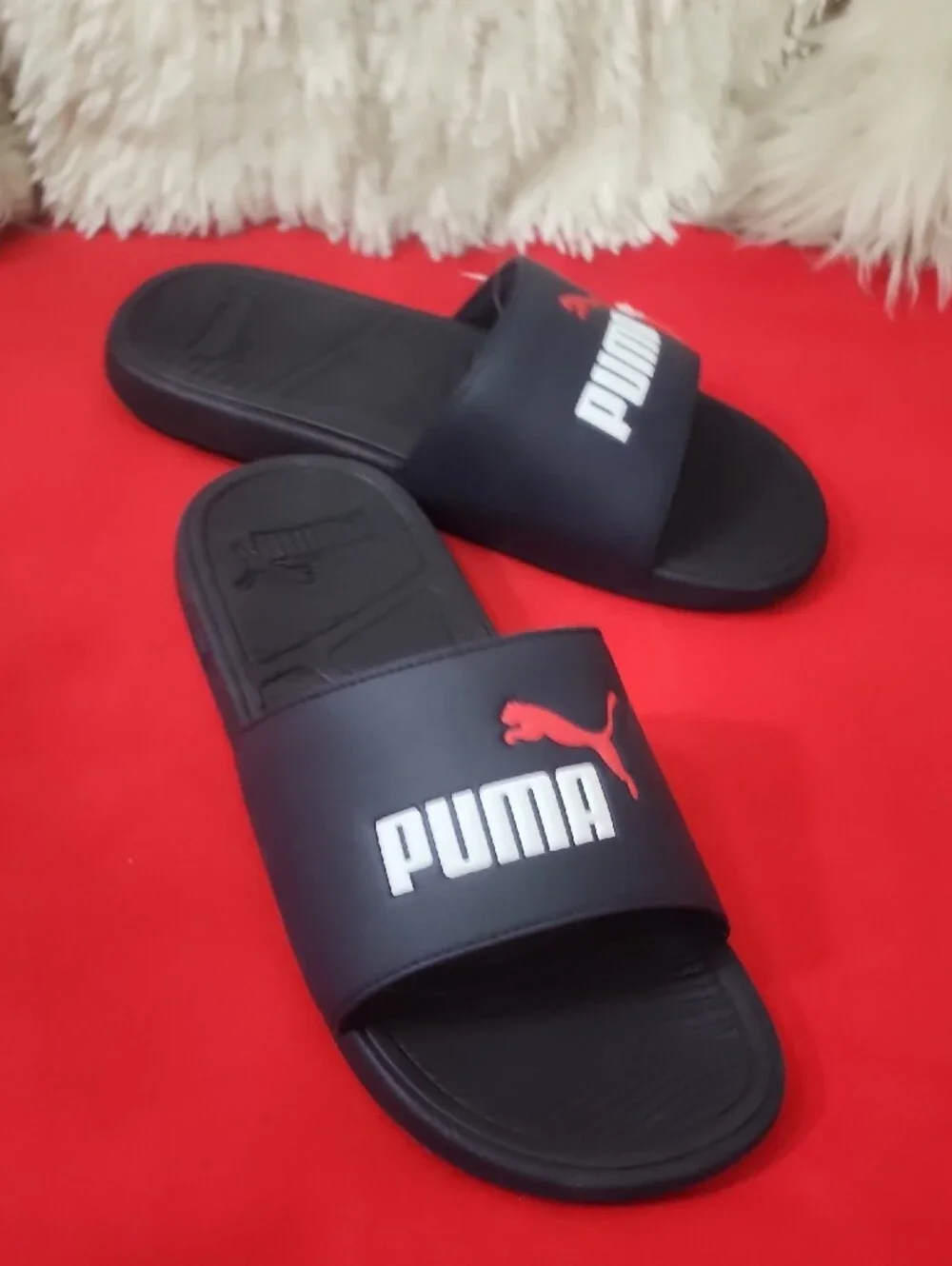 Puma Men's Black Slide Sandals with Red Puma Logo